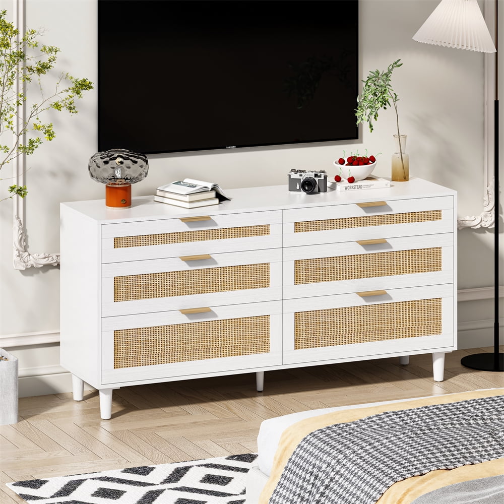 Knubmt 6 Drawer Dresser with Drawers, 59" Rattan Dresser with Metal ...