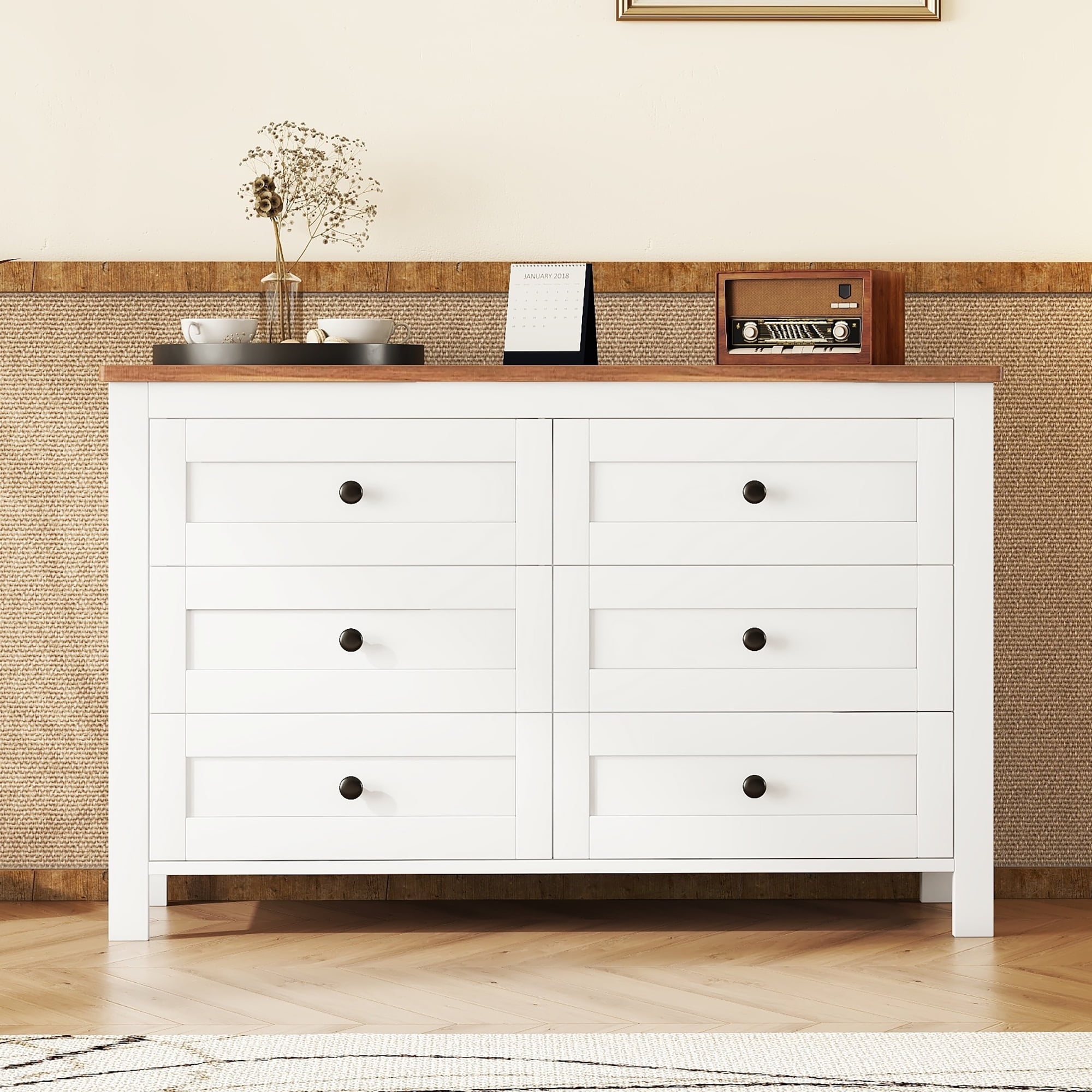 Farmhouse White and Brown Wooden 6-Drawer Dresser