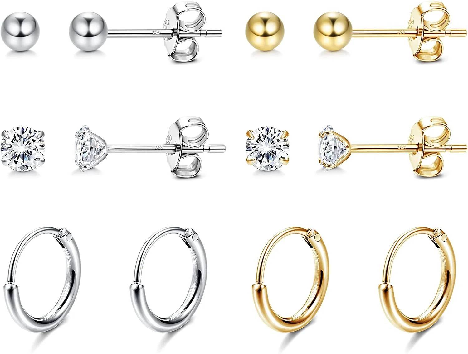 SNZM S925 Sterling Silver Huggie Hoop Earrings Set - 3 Pair Hypoallergenic Gold Plated Stacking Earrings