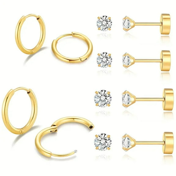 Knubmt 6 Pairs 14K Plated Earring Set 316L Stainless Steel Hoop Earrings Lightweight Stud Earrings Flat Back Earrings for Women, Gold