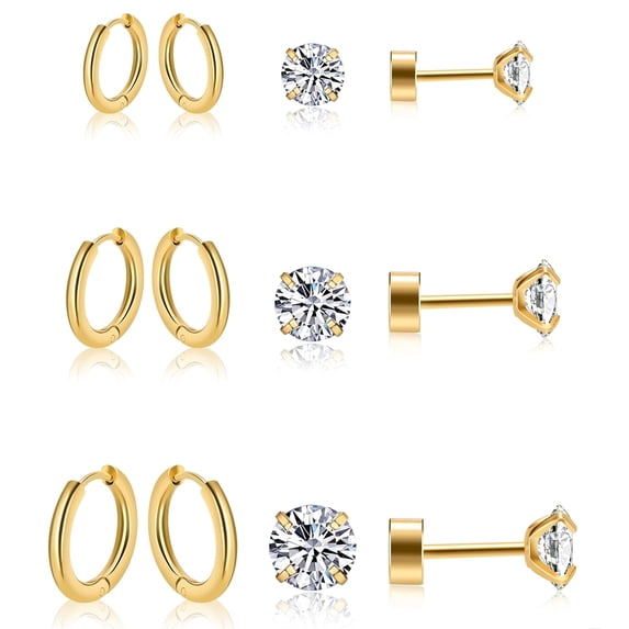 Knubmt 6 Pairs 316L Steel Small Hoop Earrings 14K Gold Plated Lightweight Flat Back Stud Earrings for Women Men, Gold