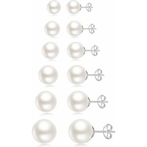 Knubmt 6 Pairs 5-10mm Pearl Stud Earrings Set 14K Plated Tiny Ball Pearl Earrings Stud for Women