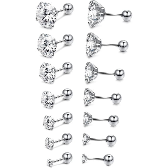 Knubmt 7 Pairs 2-8mm Cubic Zirconia Stud Earrings 316L Stainless Steel Stud Earrings Set for Women Men
