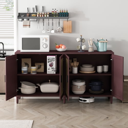 Knubmt 70" Wood Sideboard Buffet Cabinet with 4 Inner Shelves, 4 Doors Storage Cabinet for Kitchen, Living Room, Dining Room, Dark Brown