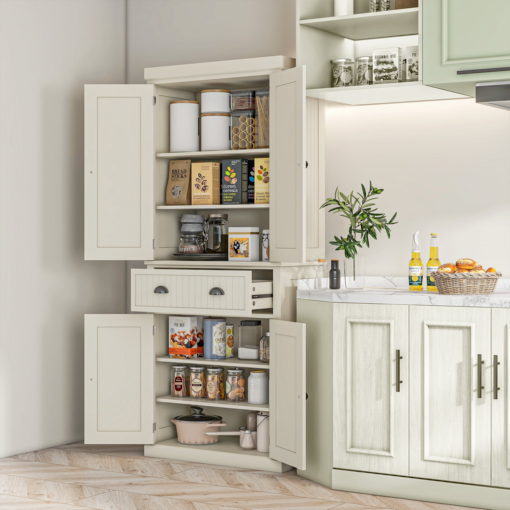 Knubmt 72" Freestanding Wood Kitchen Pantry Cabinet with 1 Drawer and 3 Shelves, 4 Doors Tall ...
