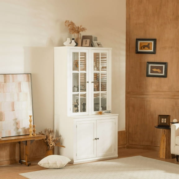 Knubmt 75" Tall Pantry Cabinet with Glass Door, 4 Doors Storage Cabinet for Hallways, Living Room, Kitchen,Office, White