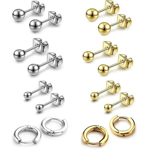 Knubmt 8 Pairs 316L Stainless Steel Stud Earrings Lightweight Hoop Earrings Round Ball Stud Earrings for Women