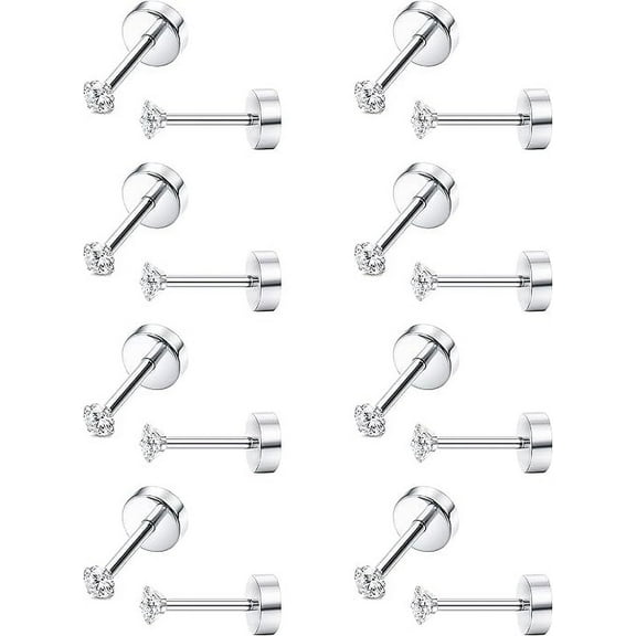 Knubmt 8 Pairs Cubic Zirconia Earrings 316L Stainless Steel Stud Earrings Screw Flat Back Earrings Set for Women Men