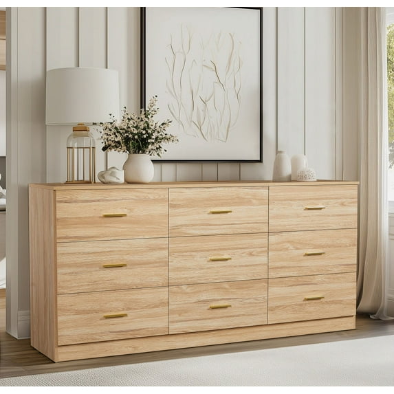 Knubmt 9 Drawer Dresser Wide Chest of Drawers with Handle, Wood Large Storage Cabinet for Bedroom, Living Room, Brown