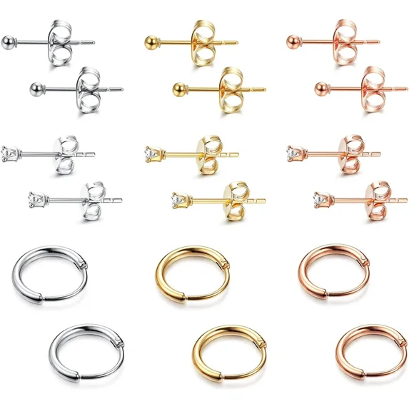 Knubmt 9 Pairs 2mm Cubic Zirconia Stud Earrings 316L Stainless Steel Lightweighy Hoop Earrings Set for Women Men