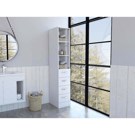 Knubmt Bathroom 4 Drawers Cabinet with 3 Shelves and Handle, White