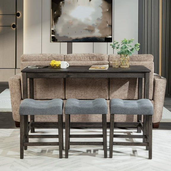 Knubmt Dining Table with Power Outlet, Dining Table Set with 3 Pack Padded Stools, Wood Tabletop Dining Table Stools for Living Room, Dining Room, Dark Gray