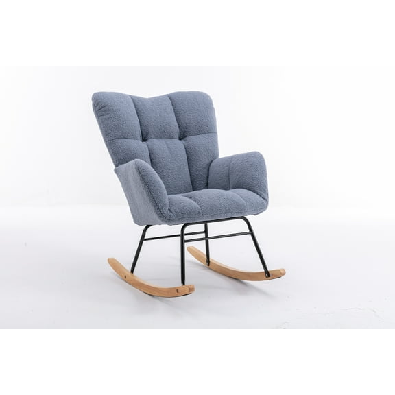 Knubmt Fabric High Backrest Rocking Chair with Wood Base, Upholstered Accent Armchair for Living Room, Bedroom, Office, Light Blue