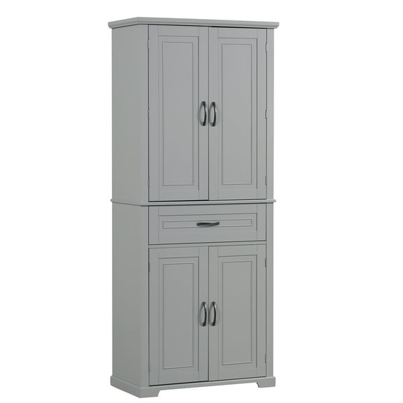 Knubmt Freestanding Wood Bathroom Storage Cabinet with 1 Drawer and 6 Shelf, 4 Doors Storage Cabinet for Living Room, Bathroom, Gray