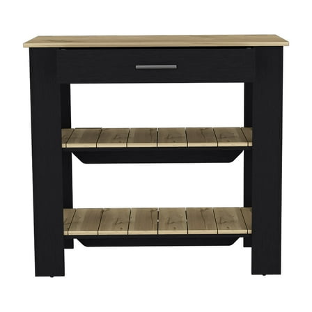 Knubmt Kitchen Island with 1 Drawer and 2 Shelves, Wood Top Island Table for Kitchen, Dining Room, Black + Light Brown