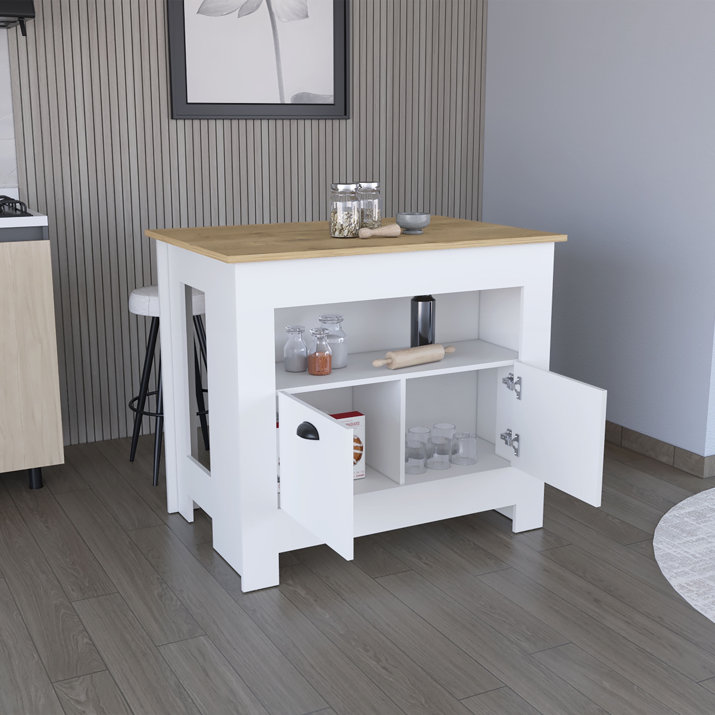 Knubmt Kitchen Island with 2 Door Cabinet and Shelf, Wood Island Table ...