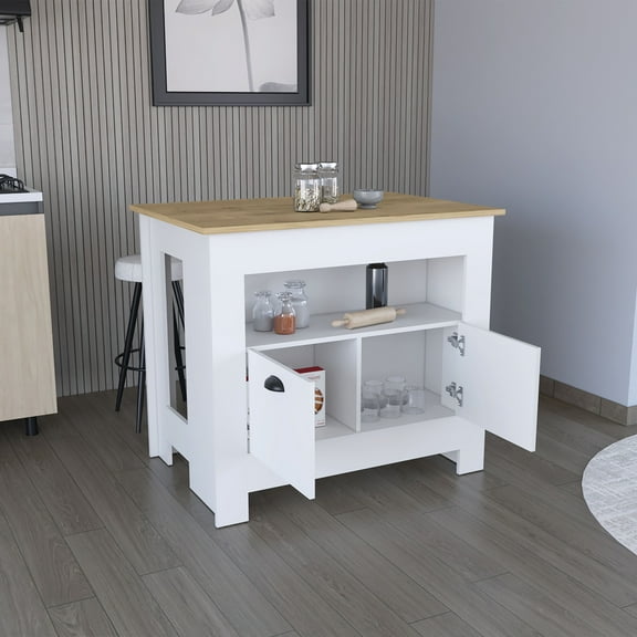 Knubmt Kitchen Island with 2 Door Cabinet and Shelf, Wood Island Table for Living Room, Kitchen
