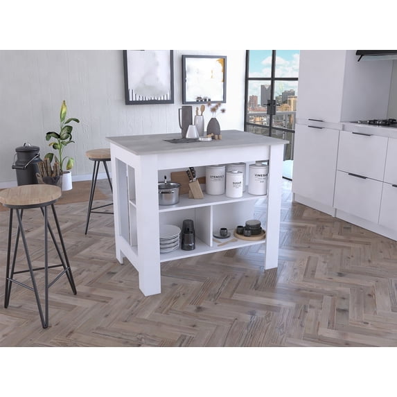 Knubmt Kitchen Island with 3 Open Shelves, Wood Island Table for Dining Room, White + Light Gray