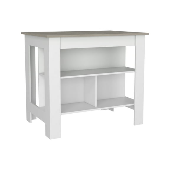 Knubmt Kitchen Island with 3 Open Shelves, Wood Kitchen Table for Dining Room, White + Light Gray
