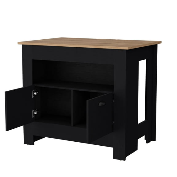 Knubmt Kitchen Island with Open Shelf and Cabinet, 2 Door Kitchen Island Table for Kitchen, Dining Room, Black