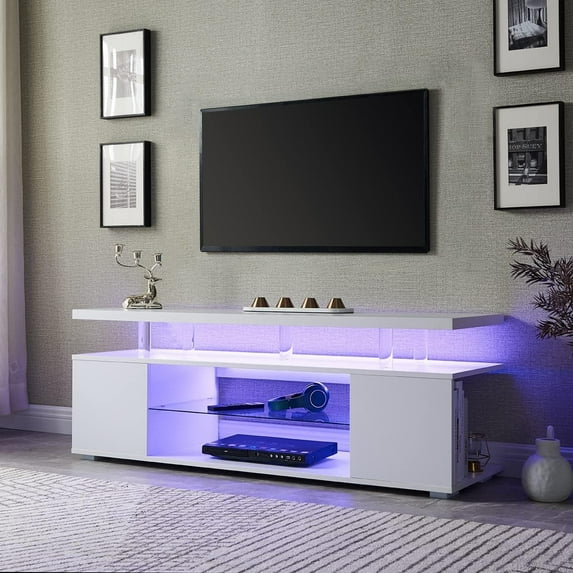 Knubmt LED Entertainment Center for 70 Inch TV, TV Stand Media Storage with Drawer & Cabinet, TV Console Table for Living Room, White