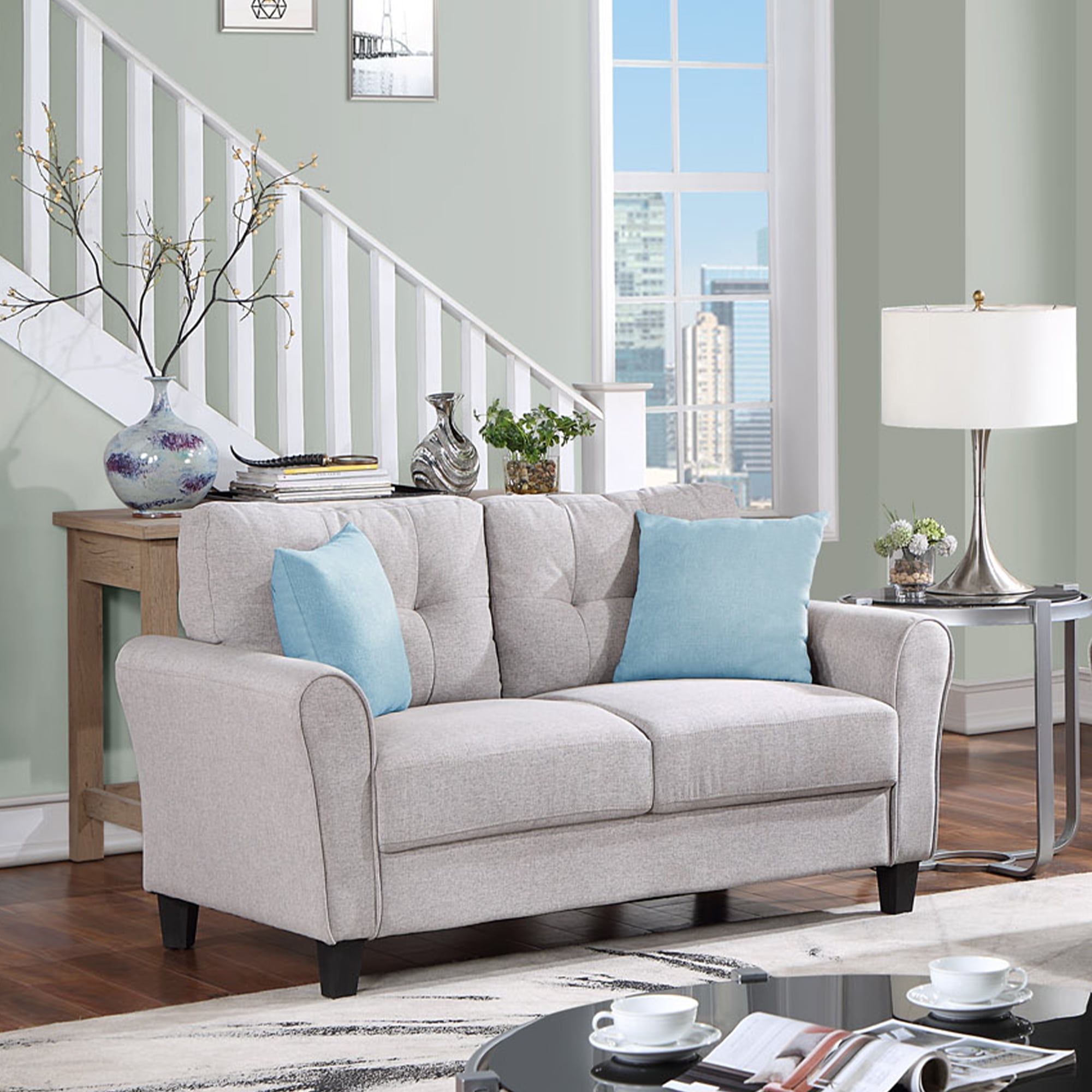Knubmt Linen Upholstered Loveseat Sofa with Wood Legs, 2 Seater Couch ...