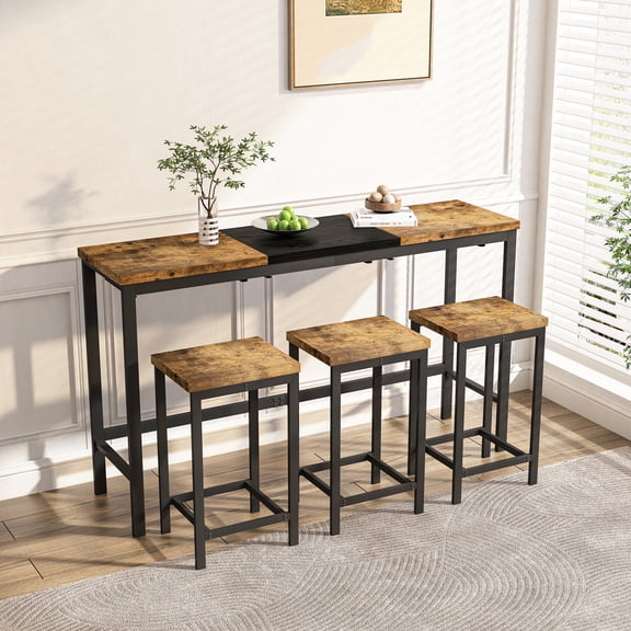 Knubmt Metal Frame Dining Table with 3 Pack Stools, Wood Tabletop Dining Table Stools Set for Living Room, Dining Room, Kitchen, Brown+Black