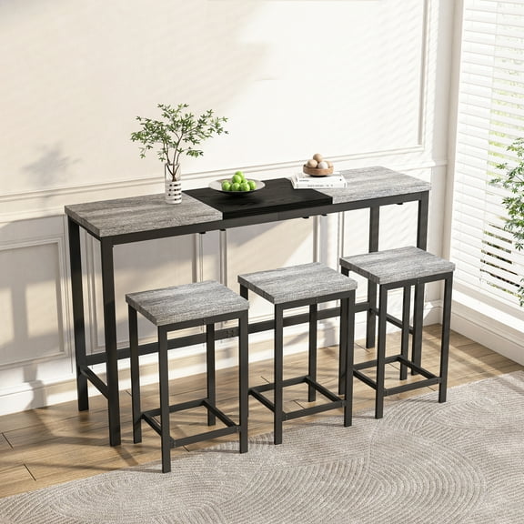 Knubmt Metal Frame Dining Table with 3 Pack Stools, Wood Tabletop Dining Table Stools Set for Living Room, Dining Room, Kitchen, Gray+Black