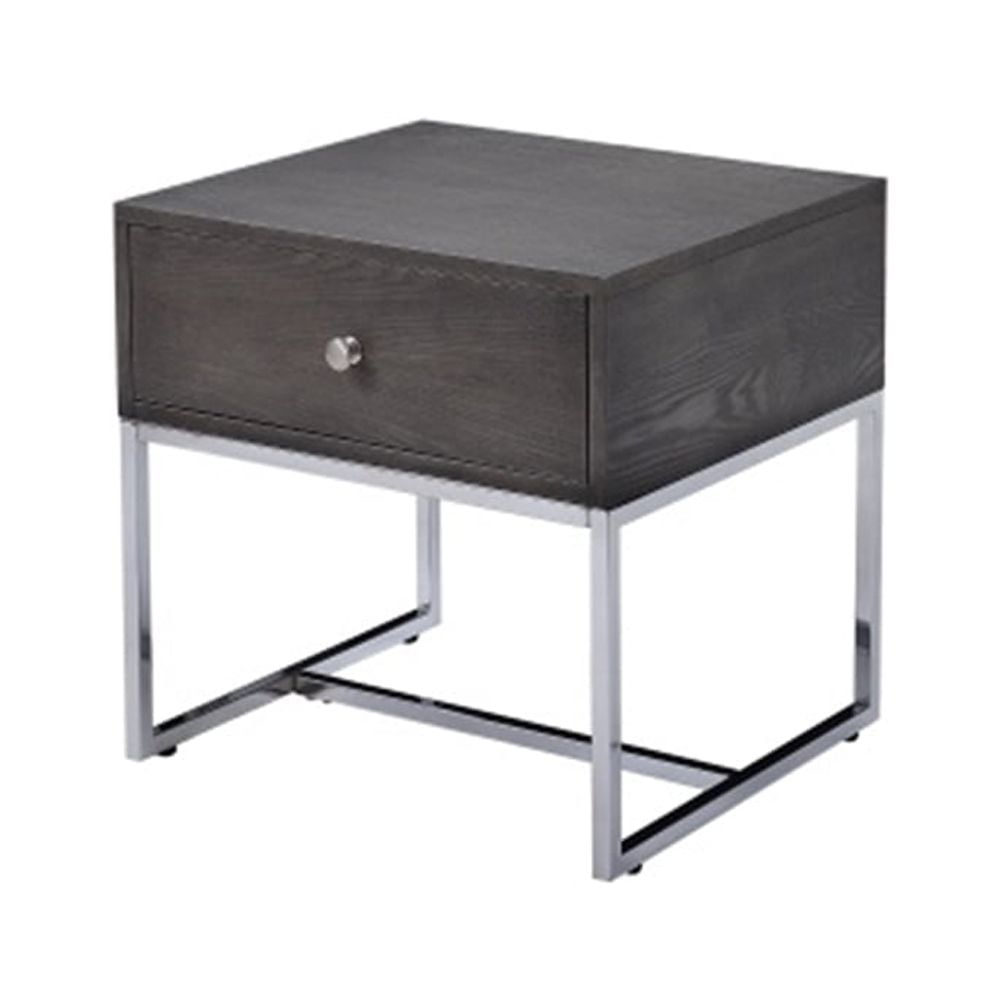 Modern Gray Oak & Chrome Rectangular End Table with Storage