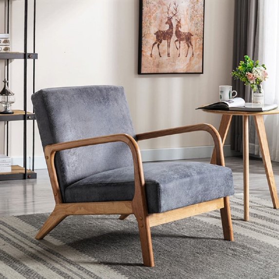 Knubmt Mid Century Modern Microfiber Accent Chair with Wood Frame, Upholstered Fabric Armchair for Living Room, Bedroom, Office, Light Gray