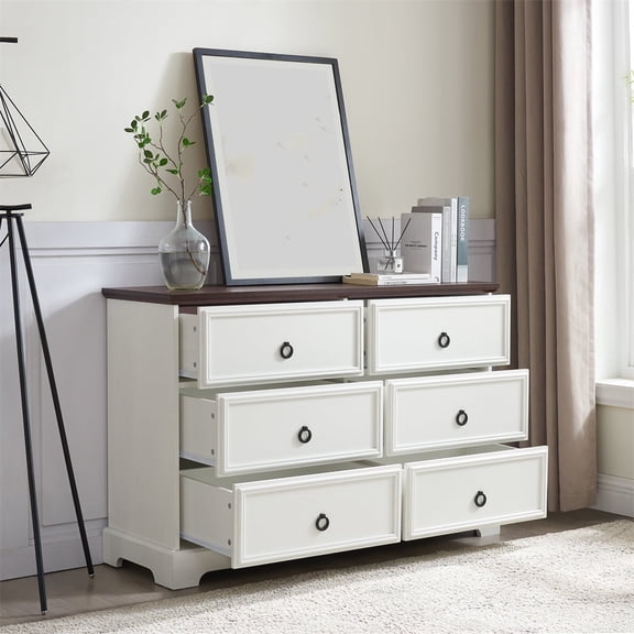 Knubmt Modern 6 Drawer Dresser with Handle, Wooden Storage Cabinet for Bedroom, Living Room, Office, White