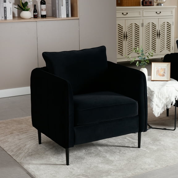 Knubmt Modern Club Chair Armchair with 1 Pillow and Metal Legs, Upholstered Velvet Accent Chair for Bedroom, Office, Reading Room, Black