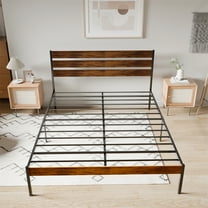 Knubmt Modern Platform Bed Frame with Wood Headboard & Footboard, Metal Wood Bed Frame for Living Room, Bedroom, Brown
