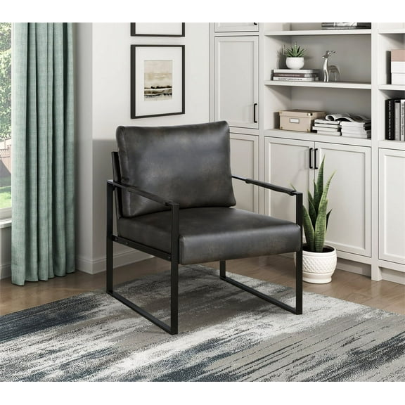 Knubmt Modern Upholstery Accent Chair Club Chair with Black Metal Frame, Faux Leather Armchair for Living Room, Office, Bedrooom, Dark Gray