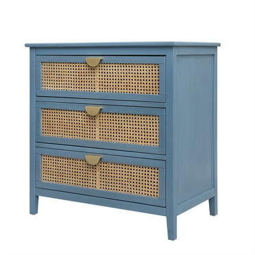 Knubmt Natural Rattan 3 Drawer Dresser Beside Cabinet Nightstand for Bedroom, Living Room, Home
