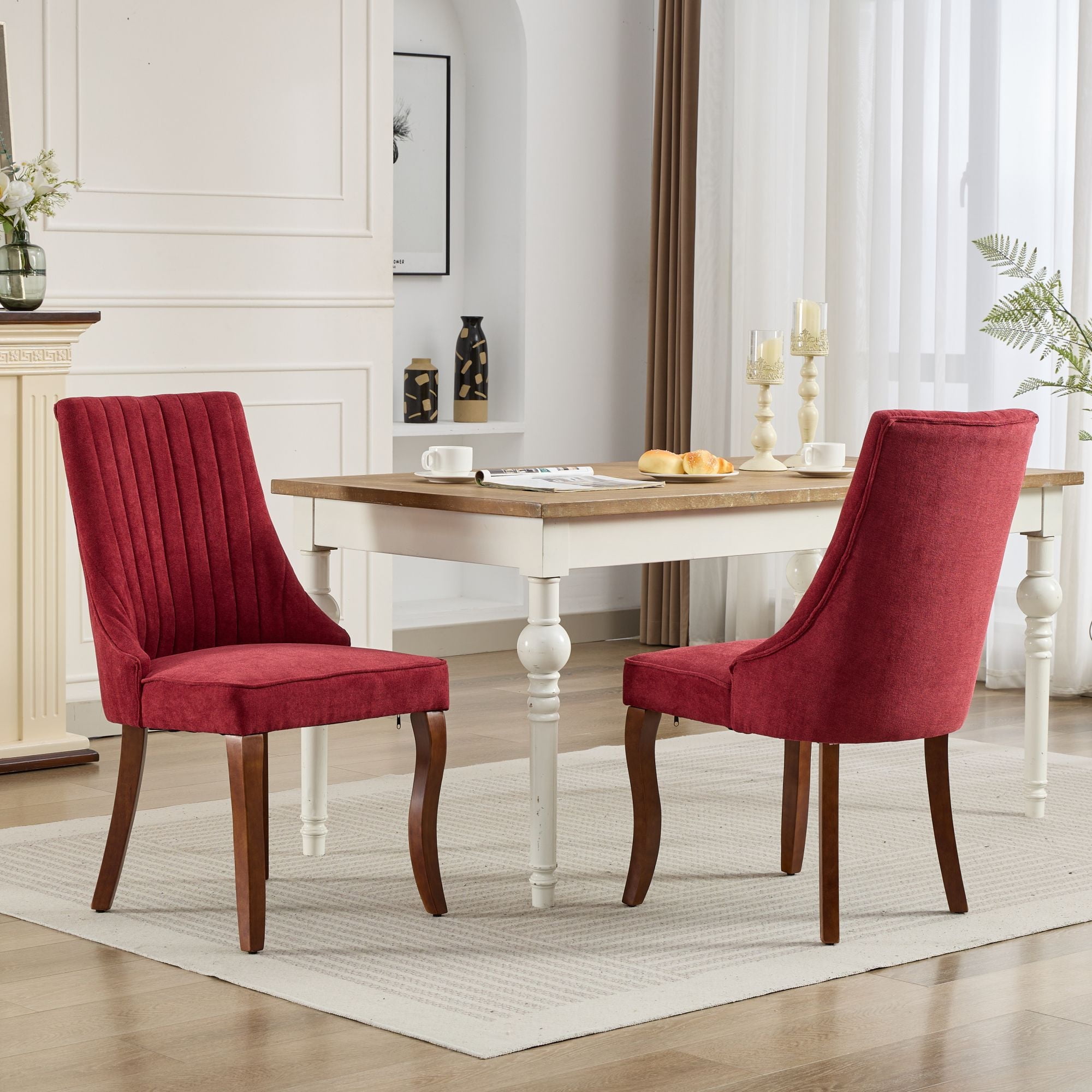 Wine Red High Back Linen Upholstered Dining Chair with Wood Legs