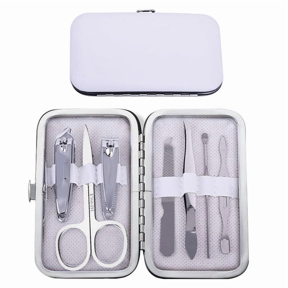 Knubmt Pack of 7 Stainless Steel Manicure Set Portable Nail Clipper Pedicure Grooming Tool Kit for Women Men, White