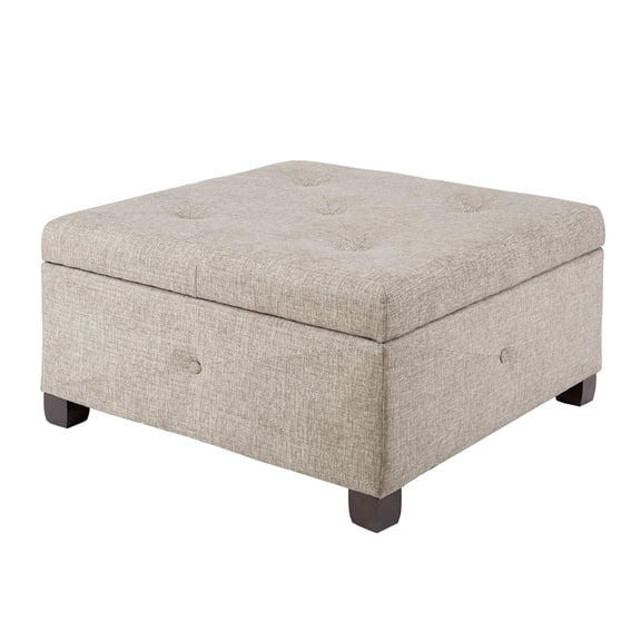 Knubmt Padded Seat Storage Ottoman with Wood Legs, Upholstered Square Footstool for Living Room, Bedroom, Beige