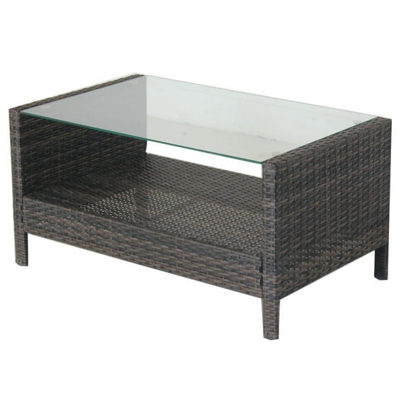 Knubmt Patio Tempered Glass Tabletop PE Rattan Frame Coffee Table, Brown