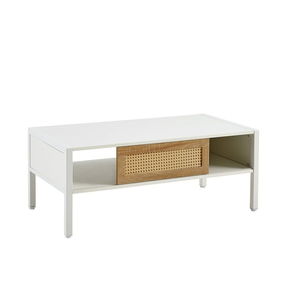 Knubmt Rattan Center Table with Shelf, Coffee Table for Living Room, Office, White