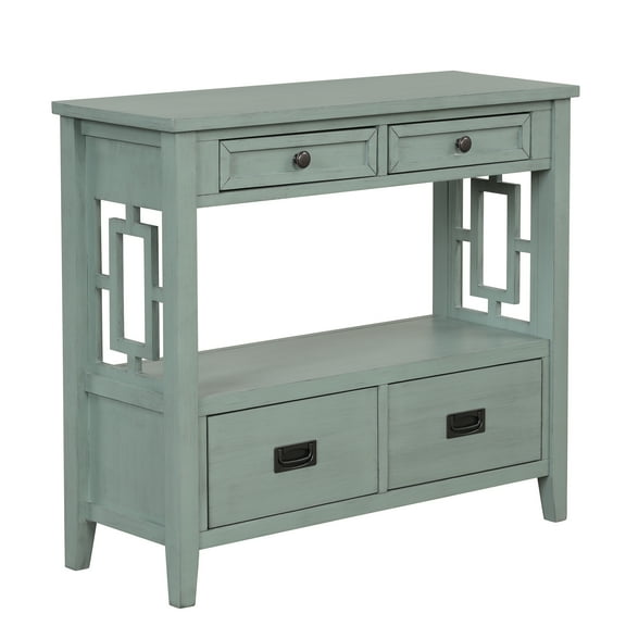 Knubmt Rectangle Console Table with 4 Drawers & 1 Open Shelf, Wood Sofa Table for Entryway Living Room Bedroom, Green
