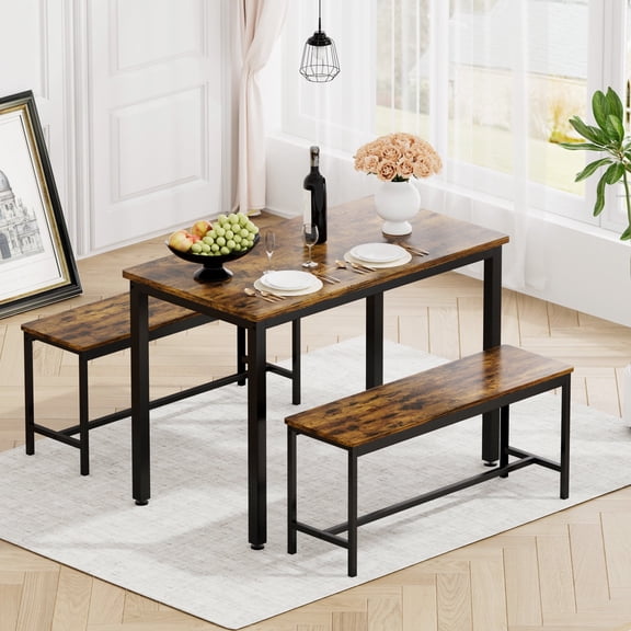 Knubmt Rectangle Dining Table with 2 Pack Benches, Wood Tabletop Dining Table Chair Set for Kitchen, Living Room, Party Room, Brown