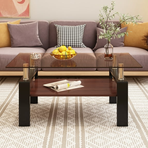 Knubmt Rectangle Side Table Coffee Table with Black Legs, 2 Tiers Tempered Glass Tabletop Tea Table Center Table for Living Room, Brown Glass