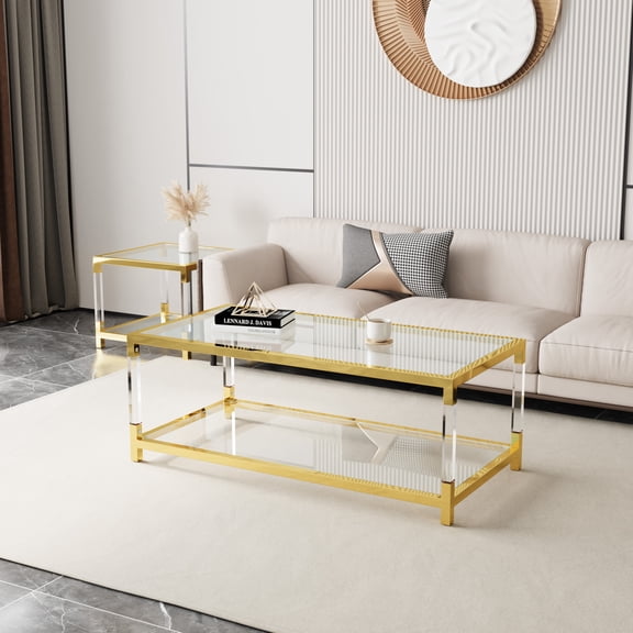 Knubmt Rectangle Tempered Glass Tabletop Coffee Table Tea Table with Acrylic Legs, Gold Metal Frame End Table for Living Room, Office