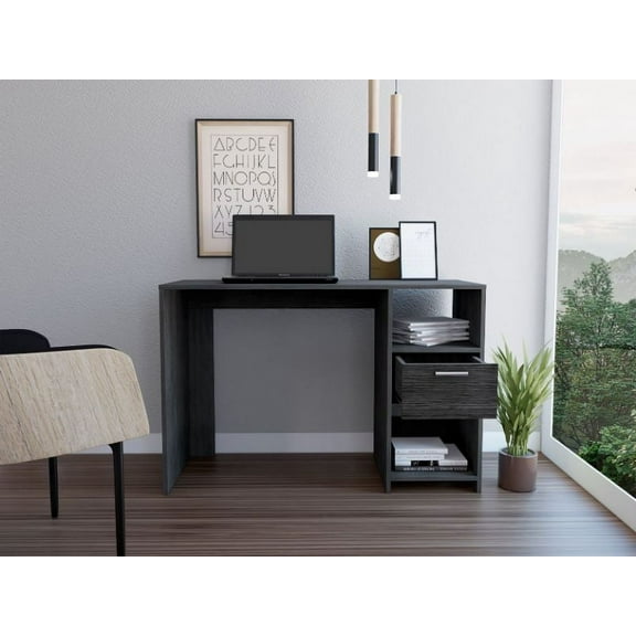 Knubmt Rectangle Writing Table with 1 Drawer and 2 Open Storage Shelves, Wood Computer Desk for Home, Office, Gray