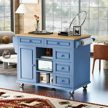 Knubmt Rubber Wood Top Kitchen Cart with 5 Drawers and Wheels, Kitchen Island for Dining Room, Kitchen, Blue