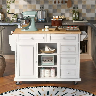 Knubmt Rubber Wood Top Kitchen Cart with Wheels and Drawer, Rolling Kitchen Island for Dining Room, Bar, White