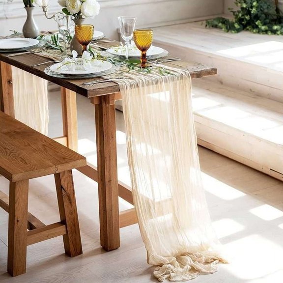 Knubmt Rustic Cheesecloth Table Runner Sheer Cloth Table Runner for Wedding Birthday Decoration, 35" x 157"