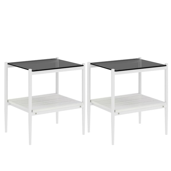 Knubmt Set of 2 Tempered Glass Tabletop Side Table End Table with White Metal Legs, 2 Tiers Rectangle Coffee Table for Living Room, Office, Gray Glass