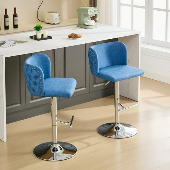 Knubmt Set of 2 Adjusatble Height Swivel Barstools with Metal Frame and Footrest, PU Leather Bar Stools Bar Chair for Home, Bar, Kitchen Island, Blue